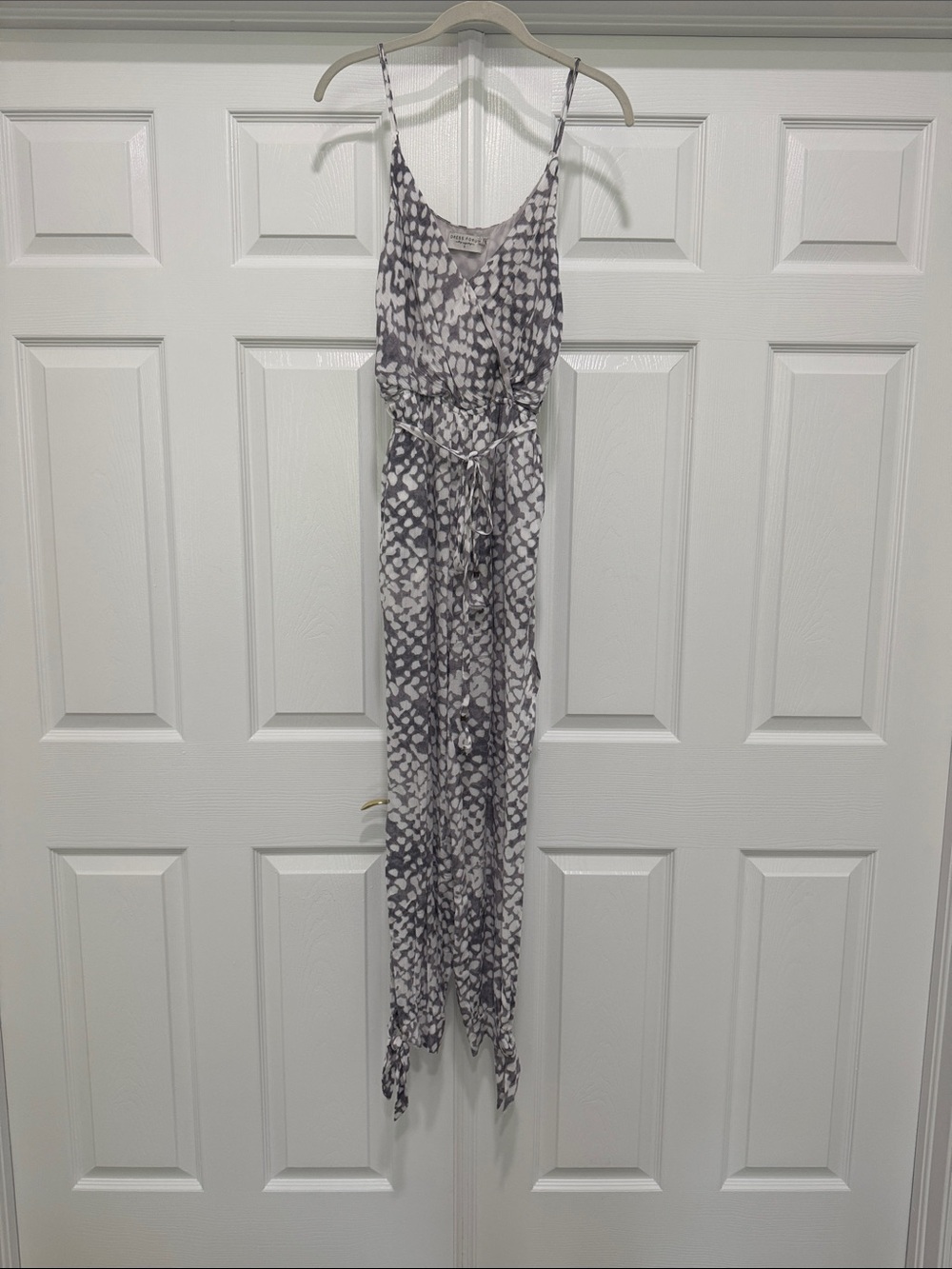 Dress Forum Gray and White Printed Spaghetti-Strap Jumpsuit